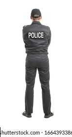 Male Police Officer On White Background, Back View