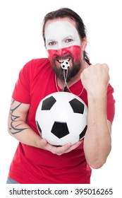 Male Polish Soccer Fan With Ball In Hands Looks Happy, Isolated On White