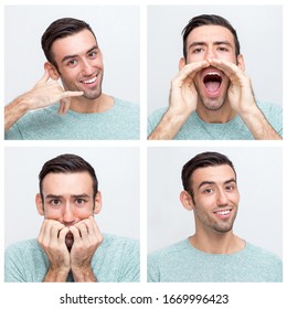 Male Portrait Set With Different Hand Gestures And Facial Expressions. Young Caucasian Man In Casual Studio Shot Collage. Multiscreen Montage, Split Screen Collage. Emotions Concept