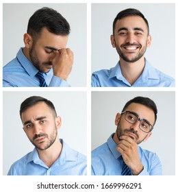 Male Portraits With Happy, Serious, Pensive Face Expressions. Handsome Young Man Studio Shot Collage. Multiscreen Montage, Split Screen Collage. Human Emotions Concept