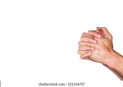 Male Praying Hands Pray To God Isolated On White Background.