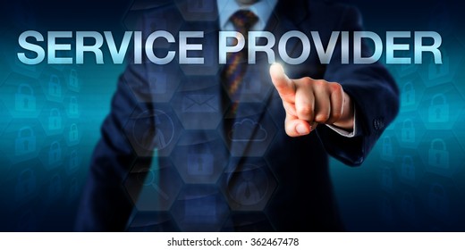 Male IT Professional Is Touching The Word SERVICE PROVIDER Onscreen. Business And Technology Concept For Managed Service Provider, Application Service Provider And Network Service Provider.