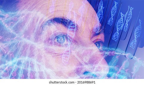 Male profile on the background of test tube for scientific researches with helix of DNA in interior. - Powered by Shutterstock