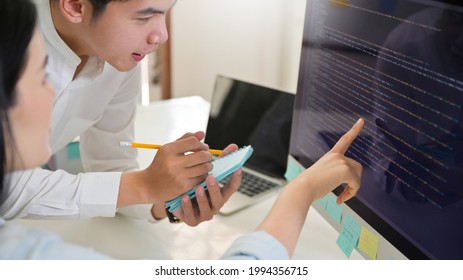 Male Program Analyst Examining Programs With Female Programmer On Computer Screen,Computer Concepts.