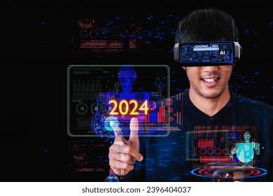 male programmer AR computing inspector Press screen interface Applications Control screen glasses Virtual Reality Glass Control new technology new year 2024