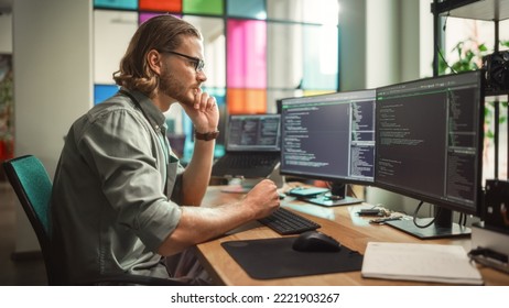 Male Programmer Coding on Desktop Computer With Two Monitors Set Up in Creative Office. Caucasian Man Using Artificial Intelligence to Create Innovative Software for Succesful Start-up Company. - Powered by Shutterstock
