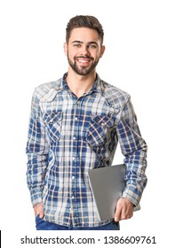 Male Programmer With Laptop On White Background