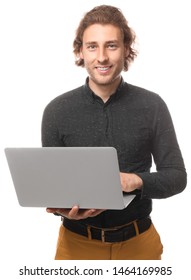 Male Programmer With Laptop On White Background