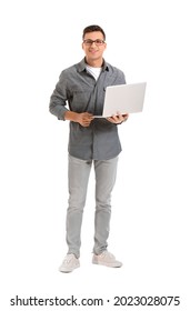 Male Programmer With Laptop On White Background