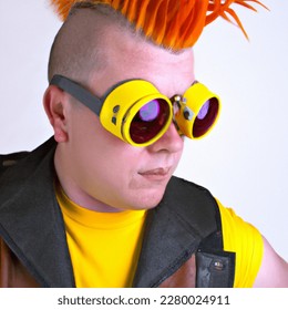 male punk wearing round goggles; hair is bright orange mohawk; wearing sun yellow vest