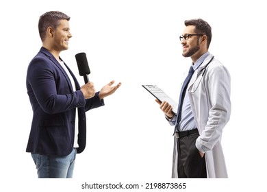 Male Reporter Interviewing A Doctor Isolated On White Background