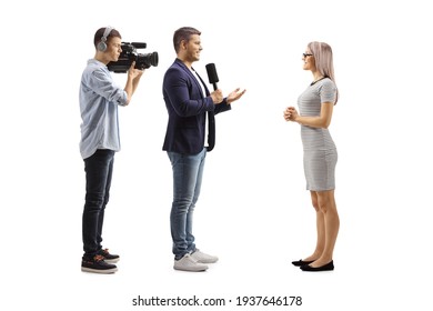 Male Reporter Interviewing A Young Woman And A Cameraman Recording Isolated On White Background