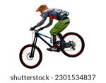 male rider on downhill bike jumping drop, racing DH mountain bike, isolated on white background
