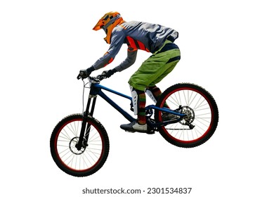 male rider on downhill bike jumping drop, racing DH mountain bike, isolated on white background