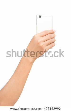 Male right hand holding and touching on mobile smartphone show back side. He is searching something. isolated on white background