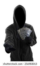 Male robber with hoodie and mask forcing someone to give money dollar