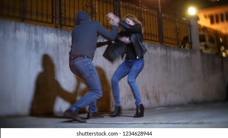 a male robber, threatens a woman and takes her purse, in a dark alley. at night