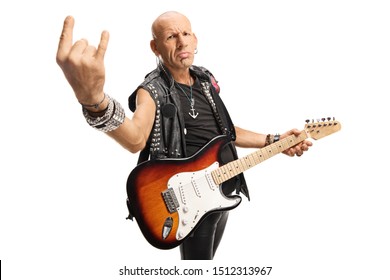 Male Rock Star With A Guitar Gesturing Rock And Roll Sign Isolated On White Background