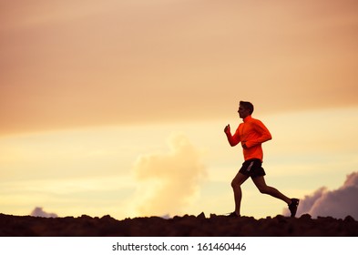 Male Runner Silhouette, Man Running Into Sunset, Colorful Sunset Sky 