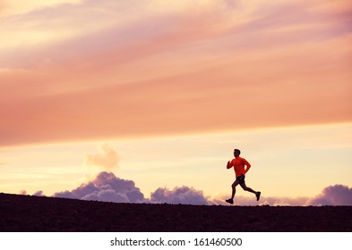 Male Runner Silhouette, Man Running Into Sunset, Colorful Sunset Sky 