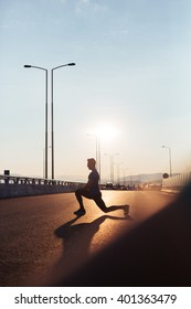 Male Runner Silhouette, Man Running Into Sunset, Colorful Sunset Sky, Streching On Sunset