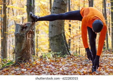 Male Runner Stretching Outdoors In Autumn Forest In Mountains. Standing Hamstring Stretch On Stump.