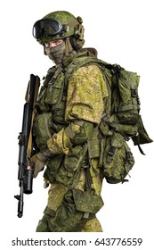 Male In Russian Mechanized Infantry Uniform Isolated With Clipping Path On White Background.