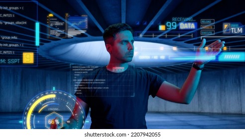 Male Scientist Analyzing A Digital Data, Touching An Invisible. Holographic Screen. Business Reviews The Statistics And Moving Animated Virtual Graphs And Table Data. High Quality 4k Footage