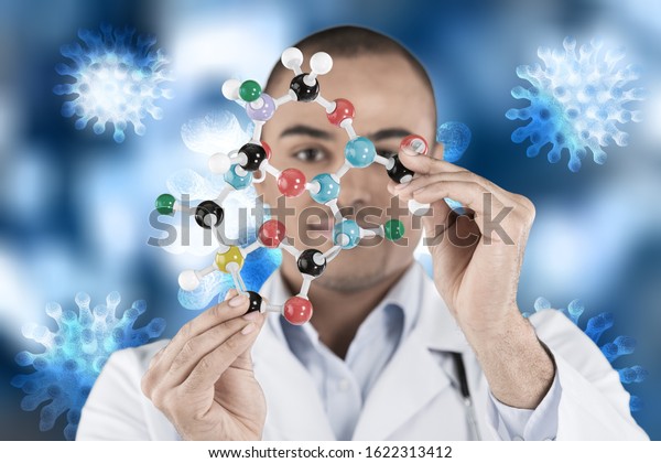 A male\
scientist with human system cells\
molecular