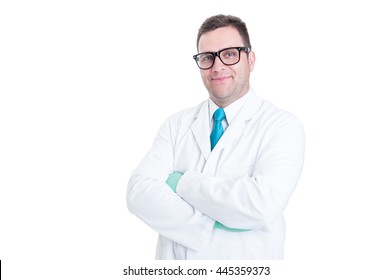 Male scientist smiling and posing with arms crossed isolated on white background with advertising area