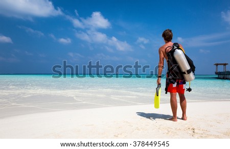 Male scuba diver looking out to the ocean