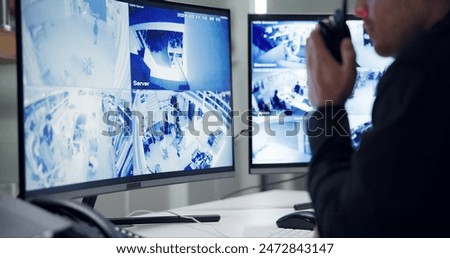 Male security guard, radio and speaking by cctv monitor for protection, data center or building safety. Inspection, control room with man and footage in video surveillance agency, computer and watch