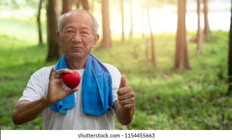 Male Senior Holding Red Heart And Happy Smile. Health Care, Healthy With Exercise And Healthy Good Start, Insurance, World Heart Day