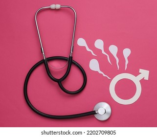 Male Sexual Health. Analysis Of The Causes Of Infertility. Stethoscope With Male Semen(spermatozoa) And Male Gender Symbol On A Pink Background