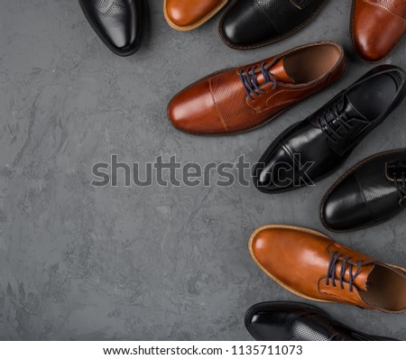 Male shoes collection. Men's fashion leather shoes flat lay