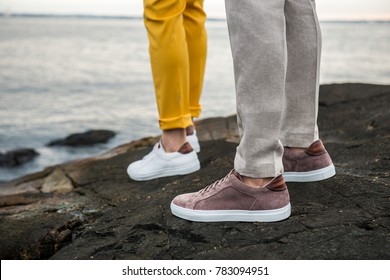 Male shoes sneakers outdoors. Lifestyle photo of men`s casual shoes.