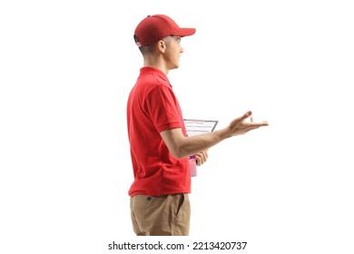 Male Shop Assistant Gesturing With Hand Isolated On White Background