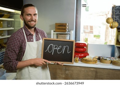 Male shopkeeper holding chalkboard sign reading open in food shop wearing white apron, copy space. Delicatessen, artisanal, rustic, gourmet, retail, handcrafted, cozy - Powered by Shutterstock - Get 15% off with code: PIKWIZARD15