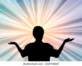 Male silhouette pointing both hands up and radial light - Shutterstock ID 2229740047