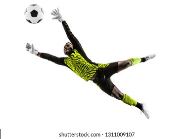 Male soccer player goalkeeper catching ball in jump. Silhouette of fit man with ball isolated on white studio background - Powered by Shutterstock