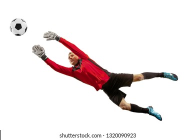 Male soccer player goalkeeper catching ball in jump. Silhouette of fit man with ball isolated on white studio background
