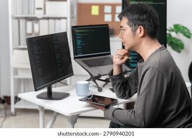 A male software developer concentrates on programming code on a dual-monitor setup in a modern office environment with digital devices and work tools.