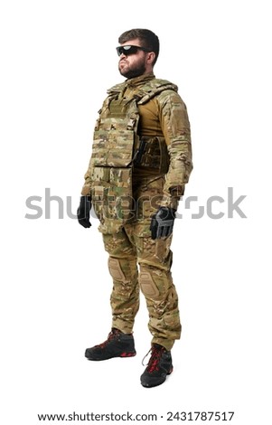 Male soldier in military ammunition isolated on white background