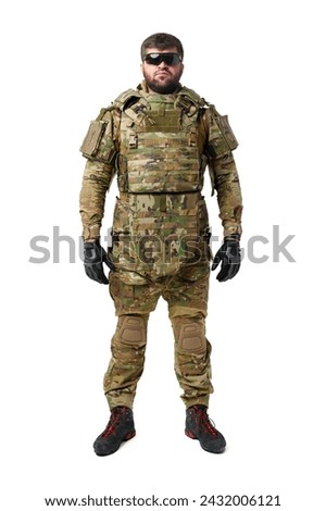 Male soldier in military ammunition isolated on white background