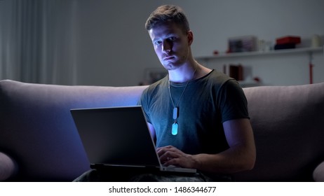 Male Soldier Typing On Laptop Pc, Day And Night Psychological Online Support