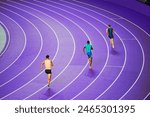 Male sprinters at purple Paris track. Concept photo for summer games in Paris 2024. Athletics and elite athletes in action