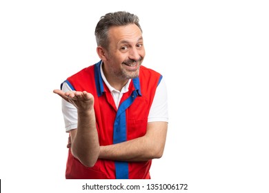 Male Store Owner Or Hypermarket Employee Making Obvious Solution Gesture With Palm And Trustworthy Expression Isolated On White