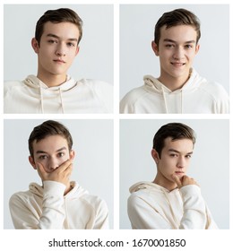 Male Student In Hoodie Portrait Set With Different Gestures And Facial Expressions. Teenage Guy Studio Shot Collage. Multiscreen Montage, Split Screen Collage. Emotions Concept