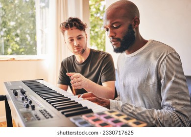 Male student, learning and piano with teacher for education or creativity with diversity. Music, lesson and keyboard with black man and instructor or performance as artist in home with training. - Powered by Shutterstock