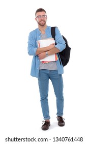 A Male Student With A School Bag Holding Books Isolated On White Background. Education Opportunities. College Student.